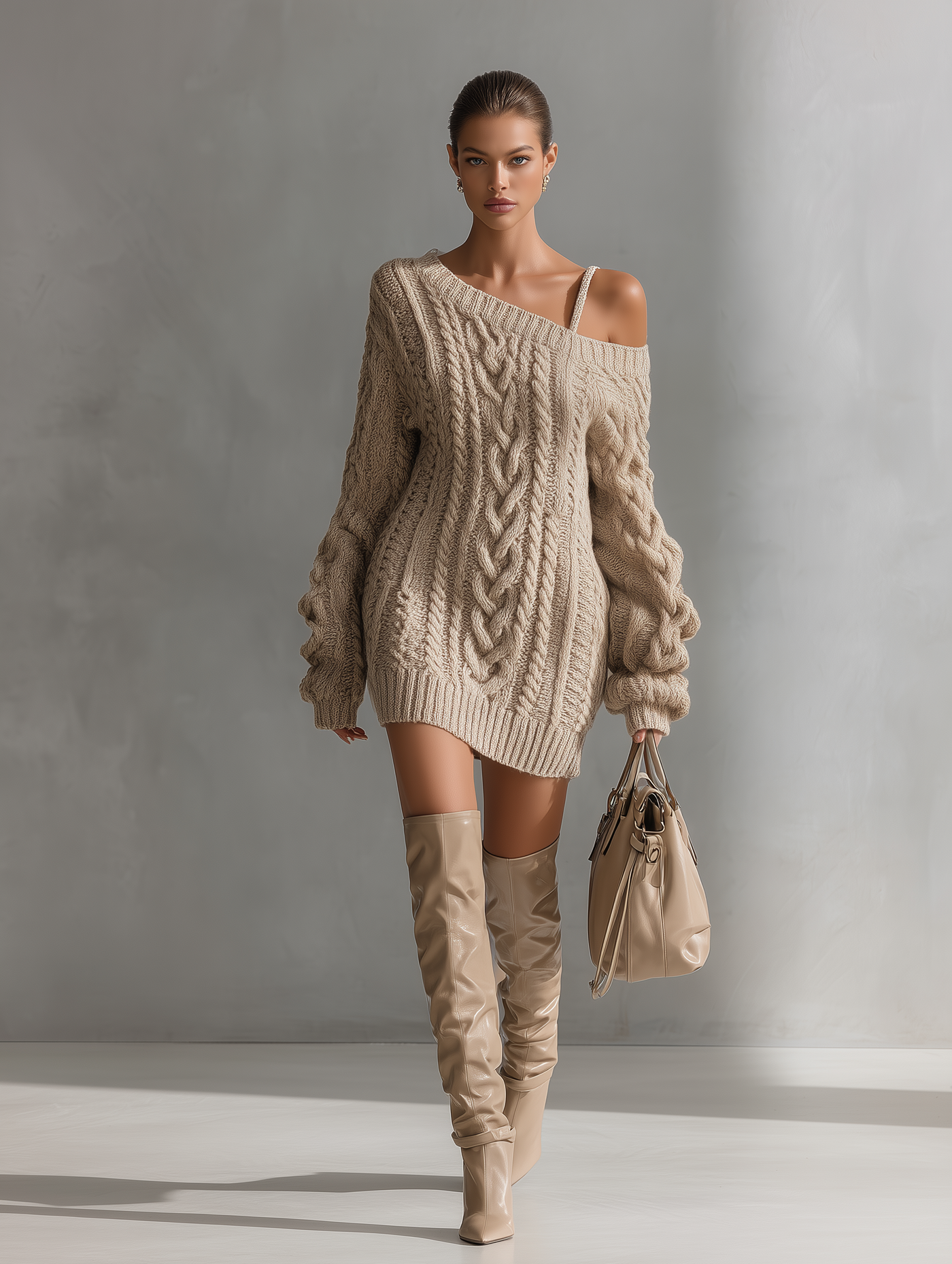 Women's Cable Knit Jumper Dress Wool Off Shoulder Mini Sweater