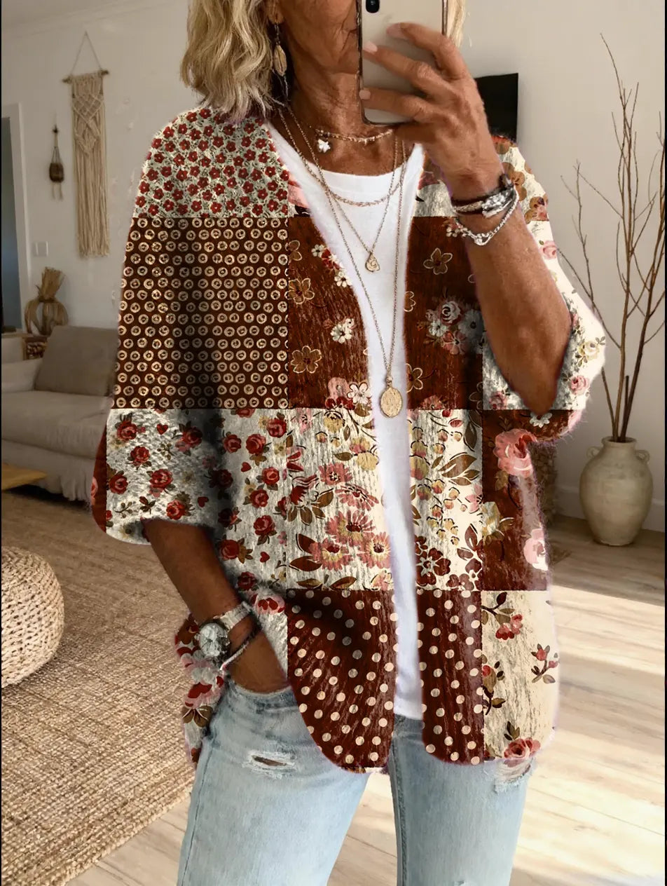 Women's Knit Sweater Floral Patchwork Boho Cardigan