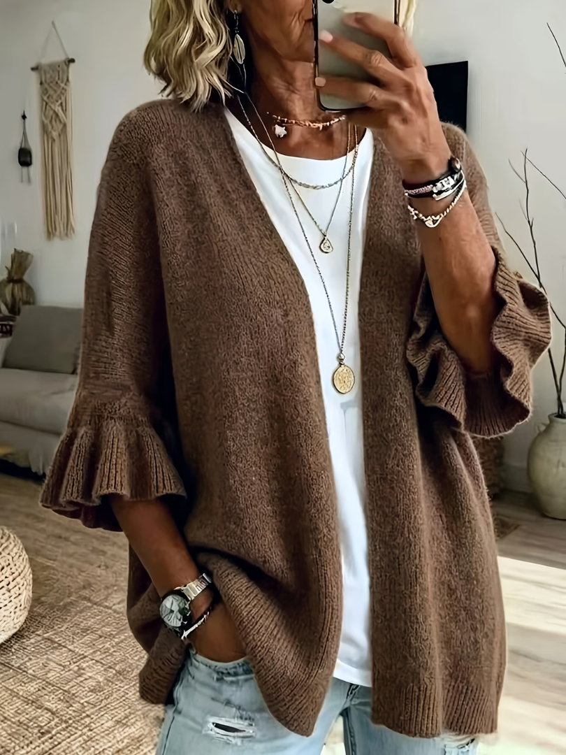 Women's Wool Knit Loose Open Front Ruffle Sleeve Cardigan