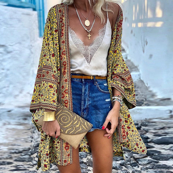 Women's Kimono Open Front Boho Floral Print Chiffon Cardigan