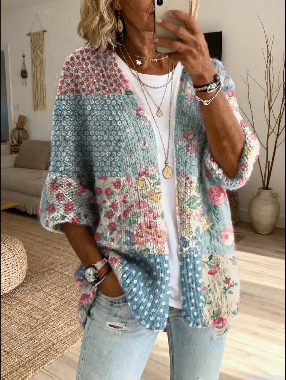Women's Knit Sweater Floral Patchwork Boho Cardigan