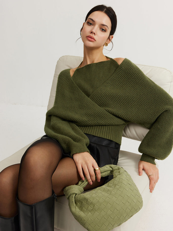 Women's Knit Wrap Sweater Jumper Long Sleeve Pullover Top