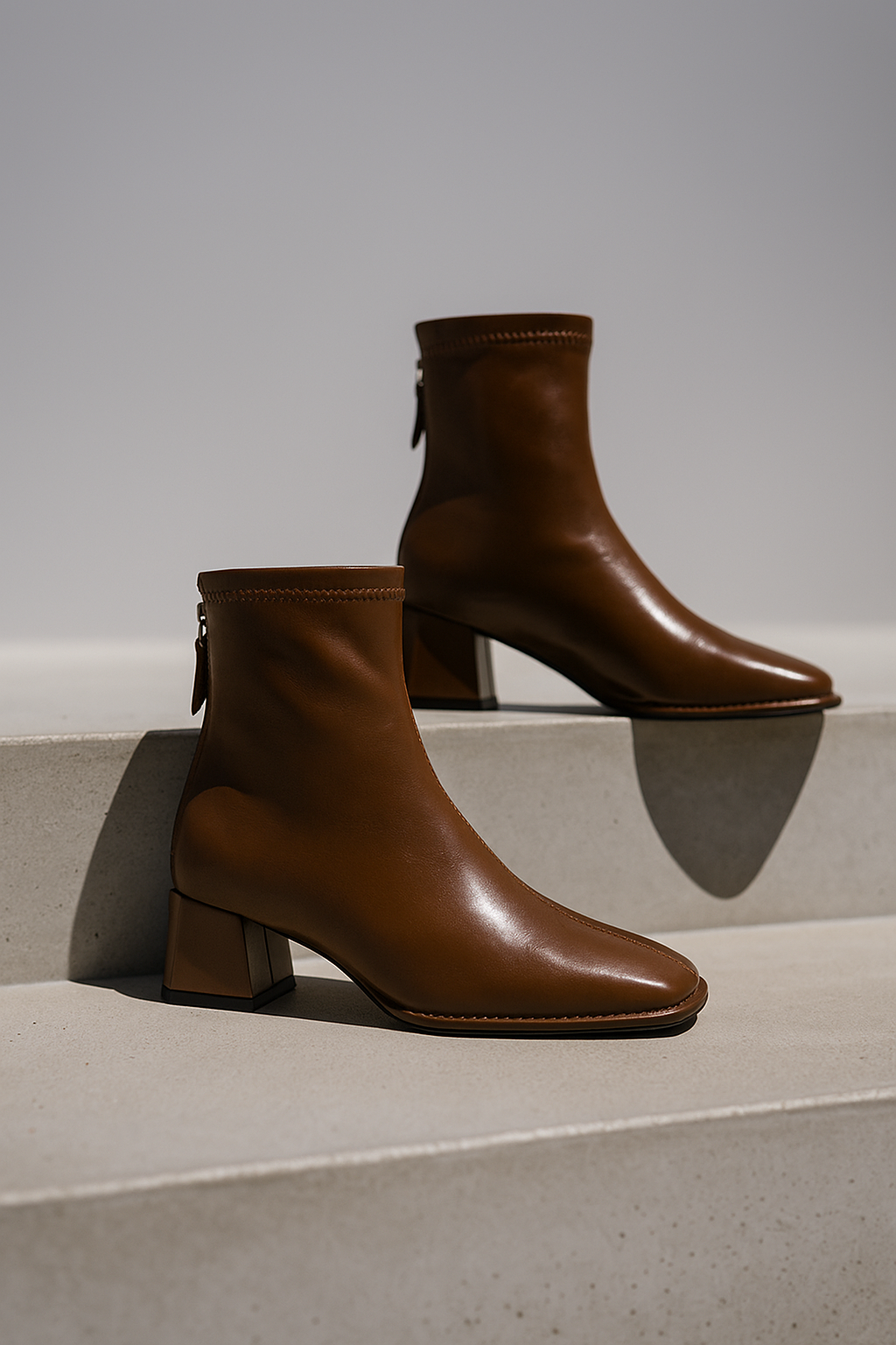 Women's Leather Ankle Boots Square Toe Block Heel Booties