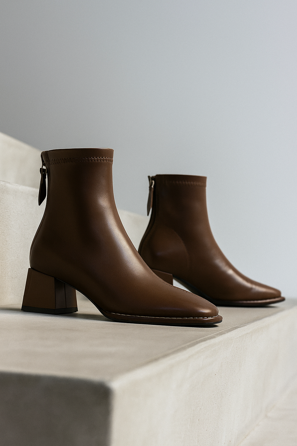 Women's Leather Ankle Boots Square Toe Block Heel Booties