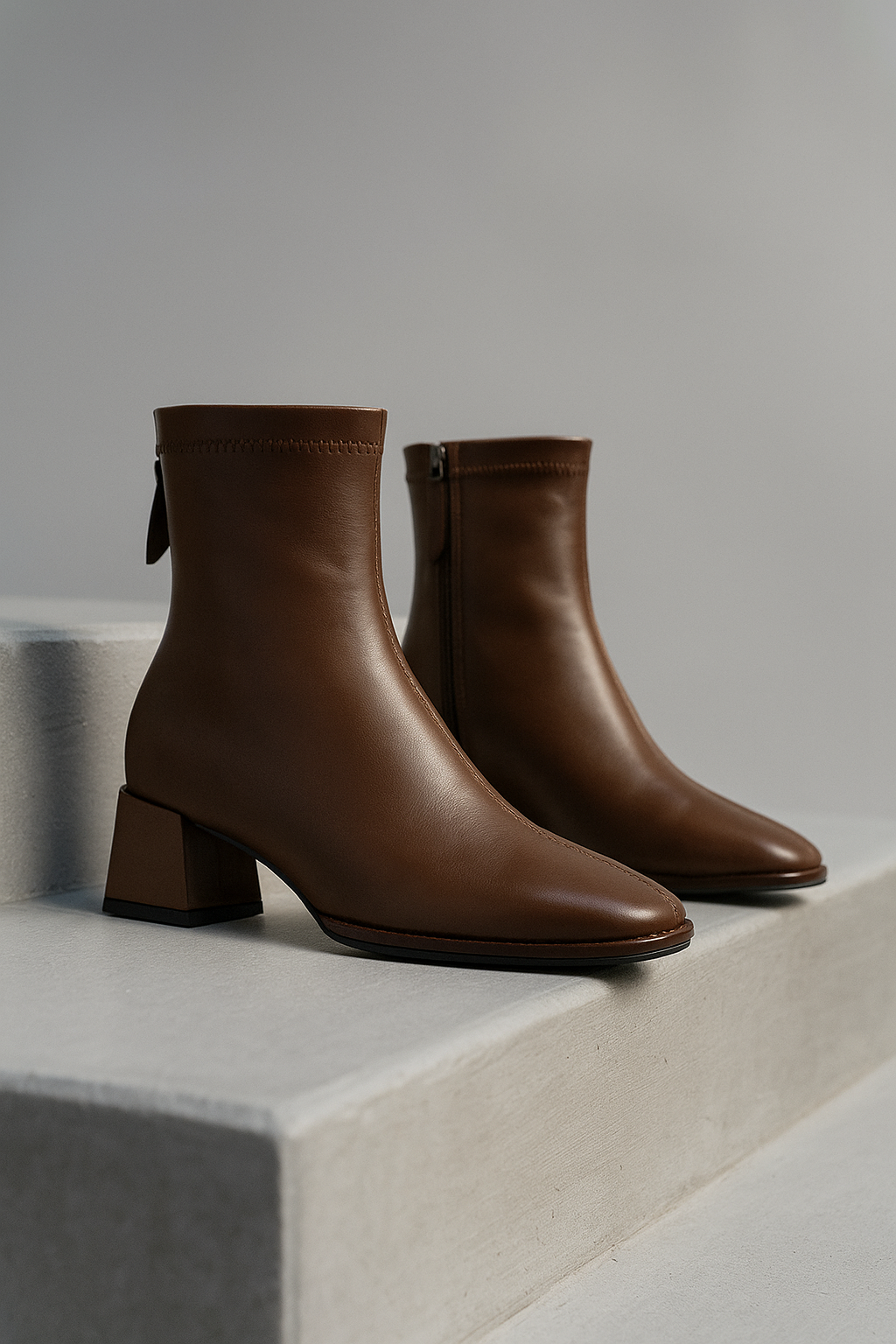 Women's Leather Ankle Boots Square Toe Block Heel Booties
