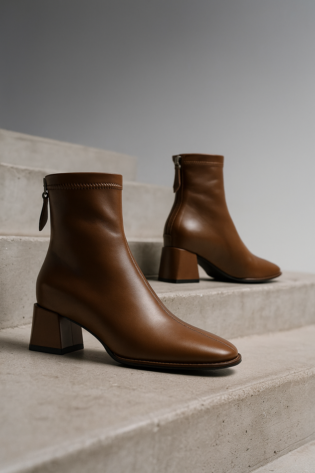 Women's Leather Ankle Boots Square Toe Block Heel Booties