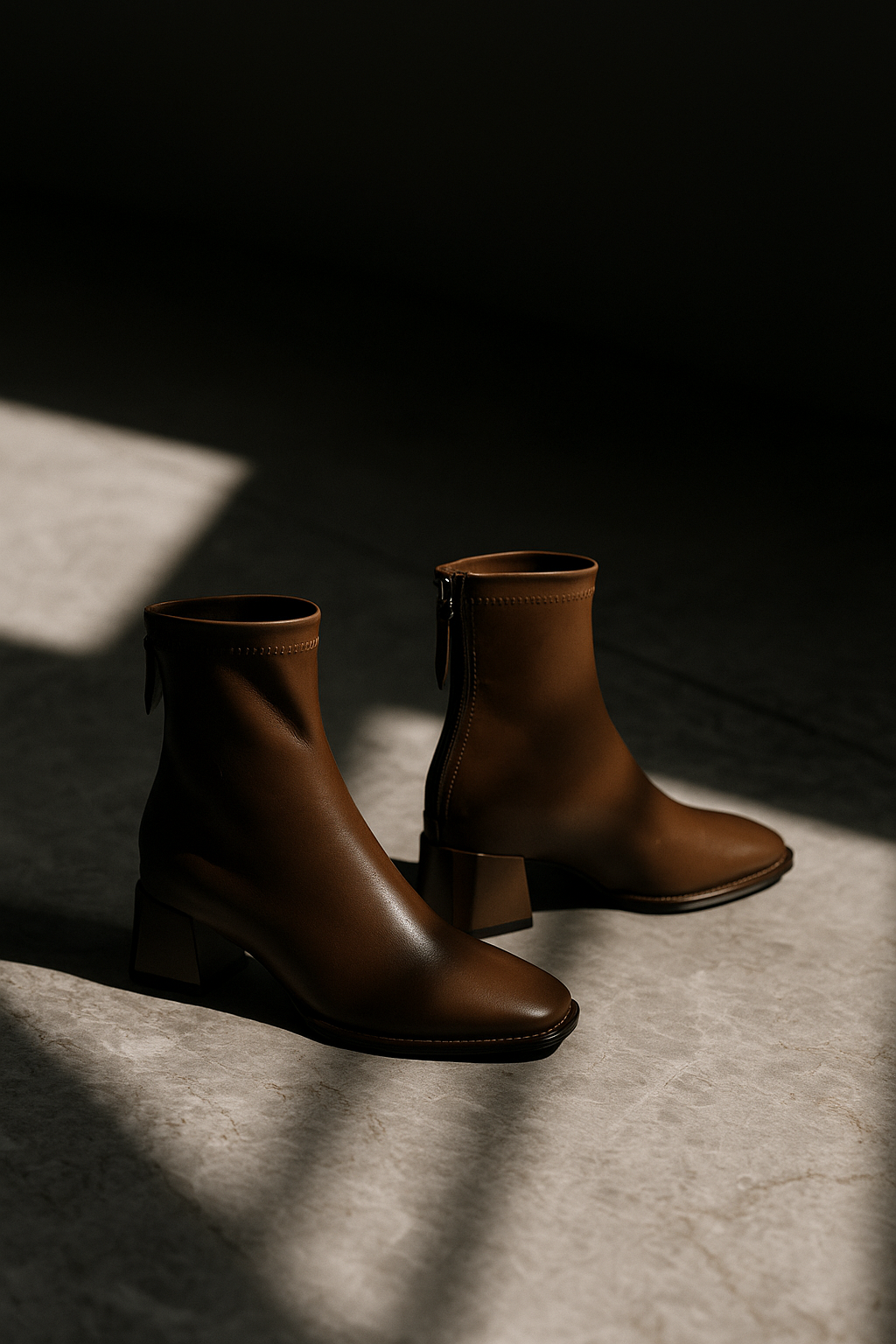Women's Leather Ankle Boots Square Toe Block Heel Booties