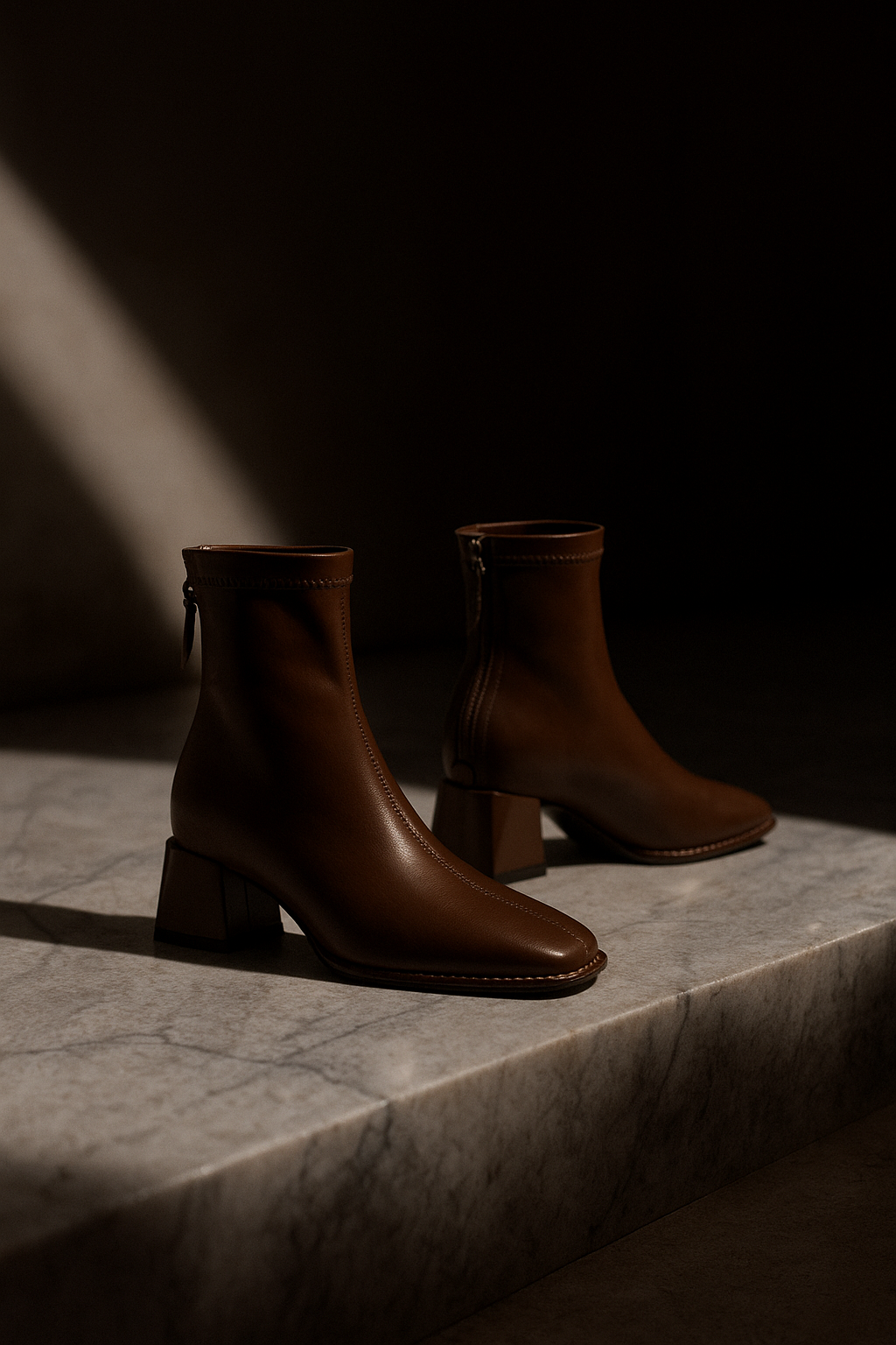 Women's Leather Ankle Boots Square Toe Block Heel Booties
