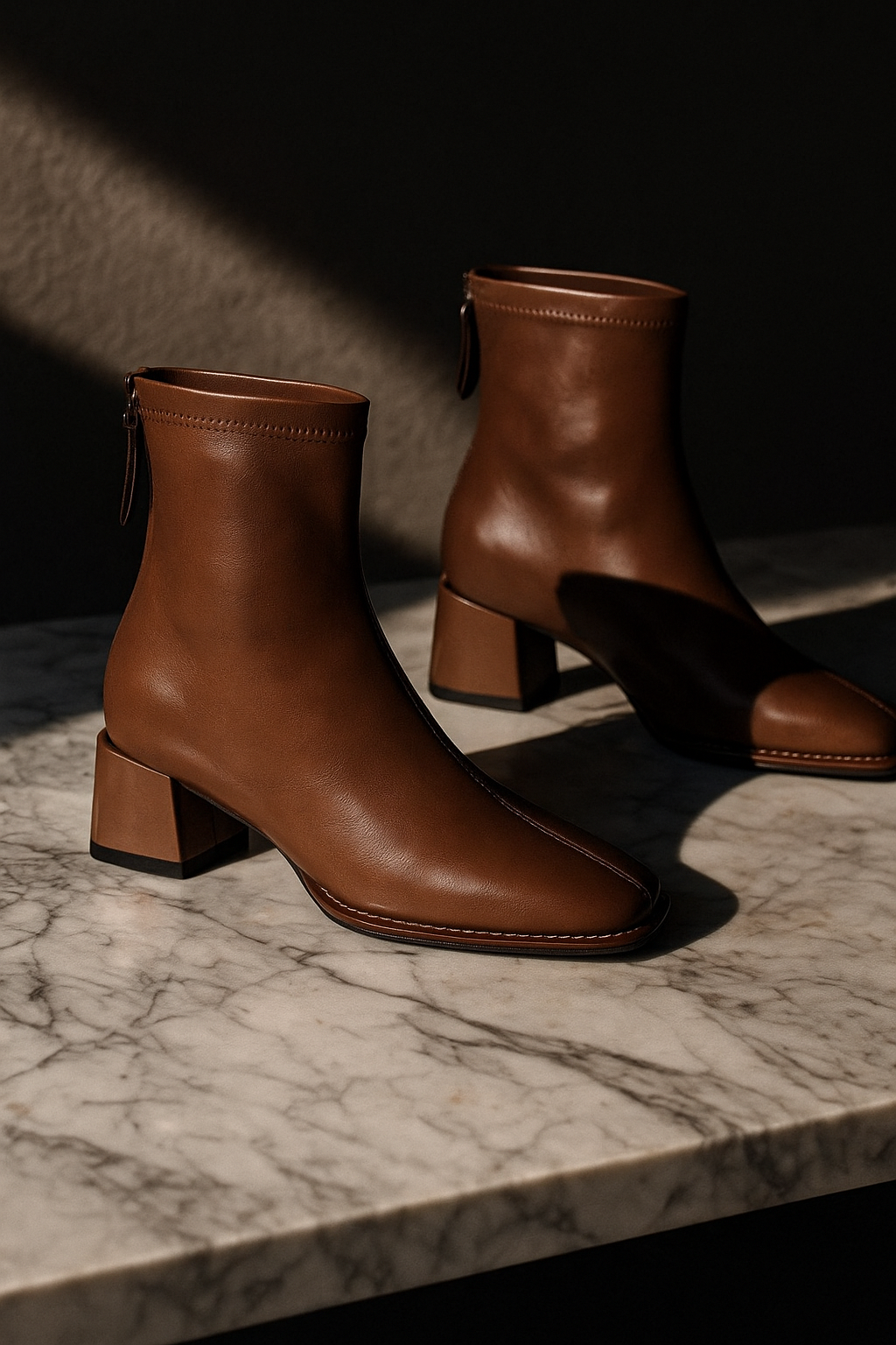 Women's Leather Ankle Boots Square Toe Block Heel Booties