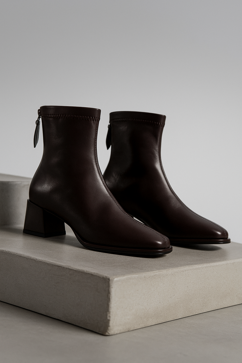 Women's Leather Ankle Boots Square Toe Block Heel Booties