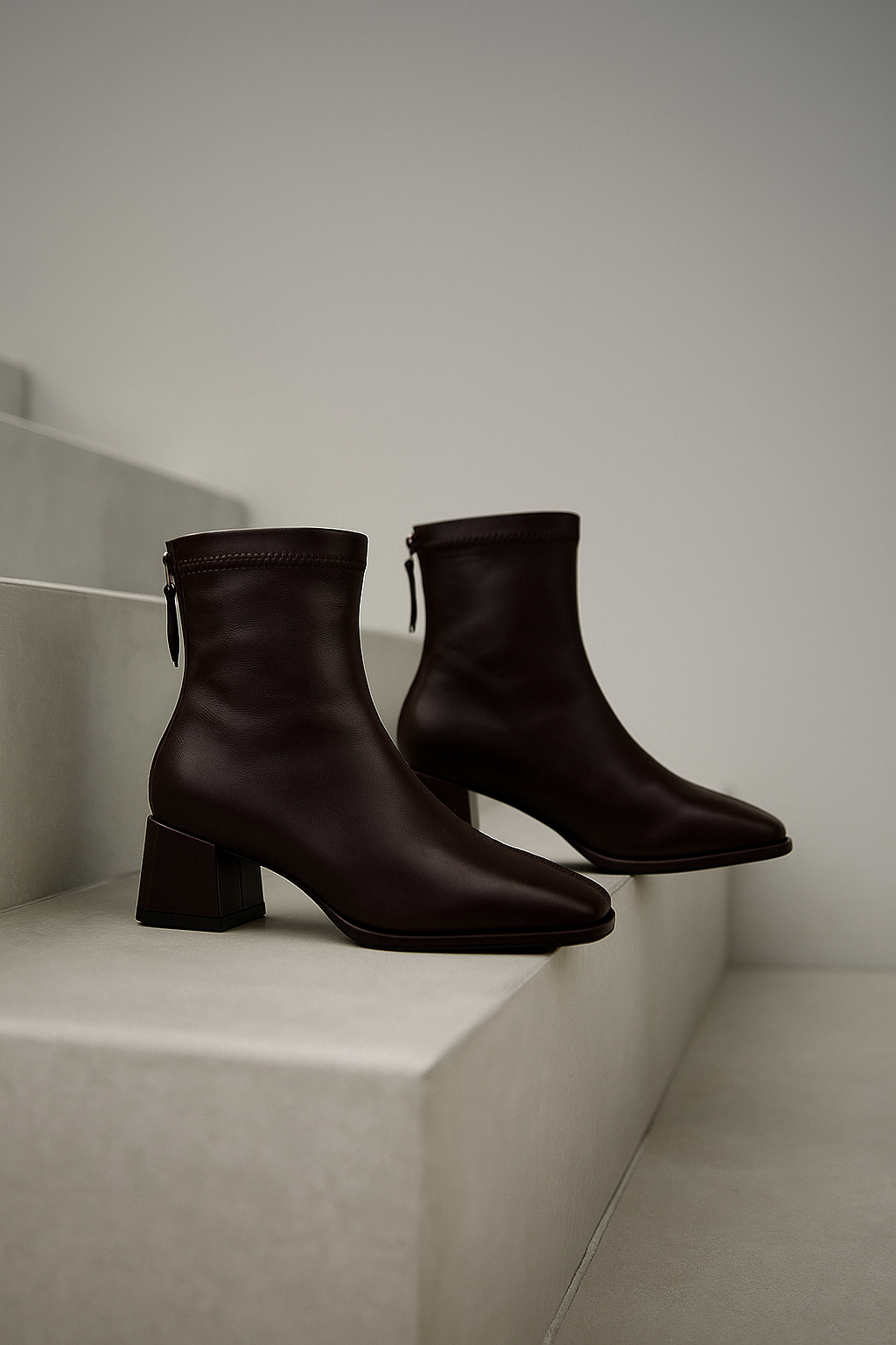 Women's Leather Ankle Boots Square Toe Block Heel Booties