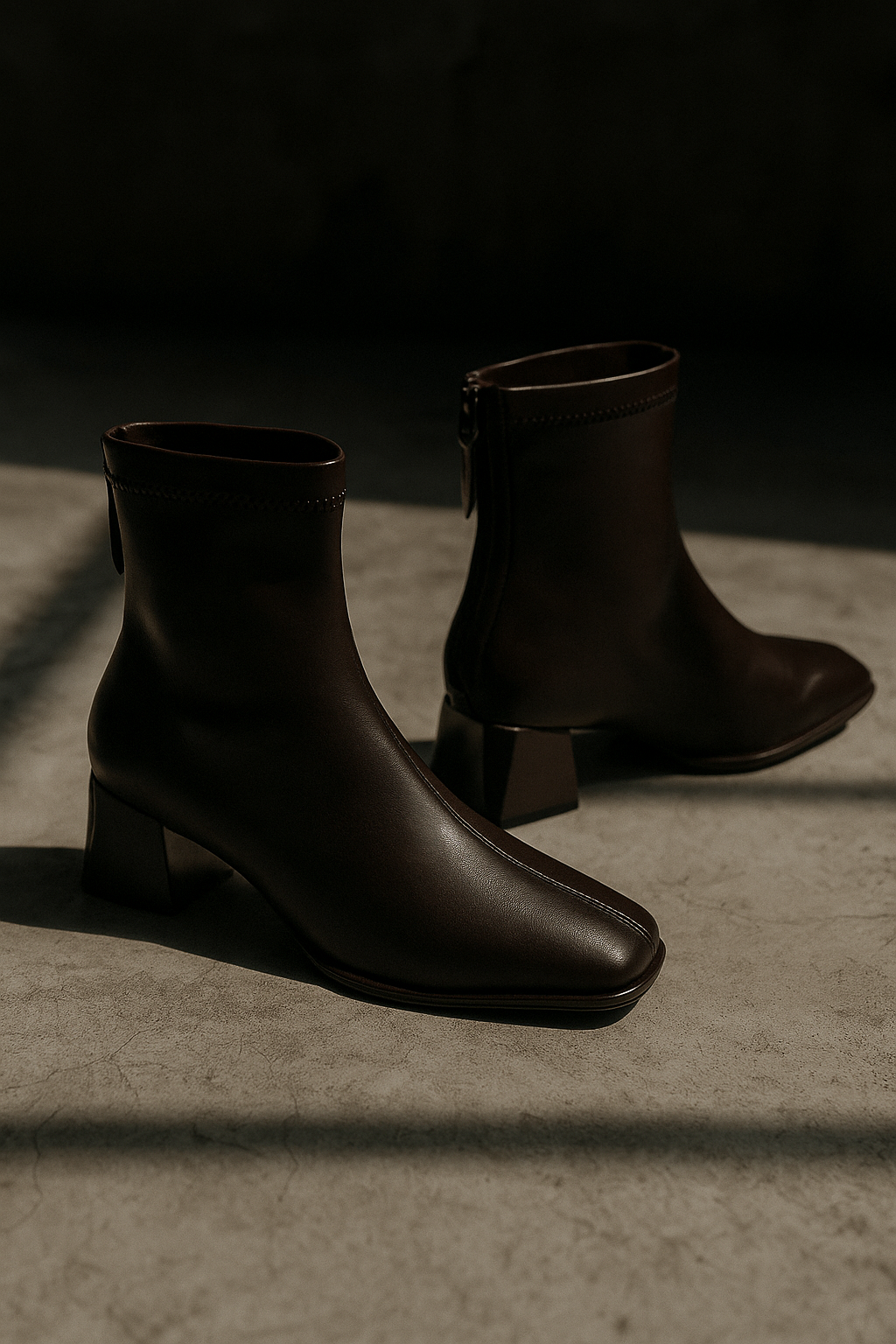 Women's Leather Ankle Boots Square Toe Block Heel Booties