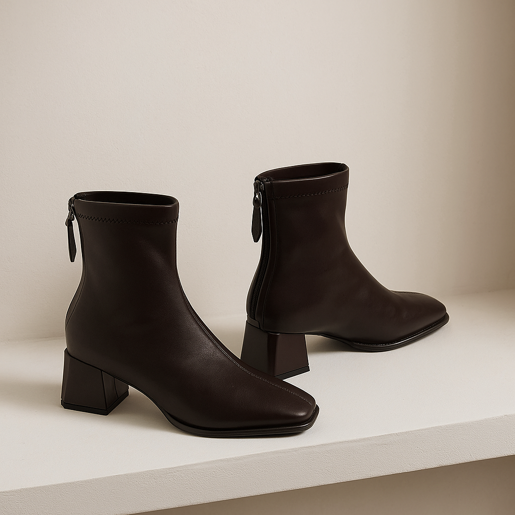Women's Leather Ankle Boots Square Toe Block Heel Booties