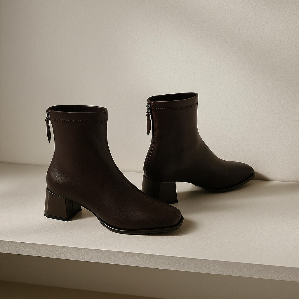 Women's Leather Ankle Boots Square Toe Block Heel Booties