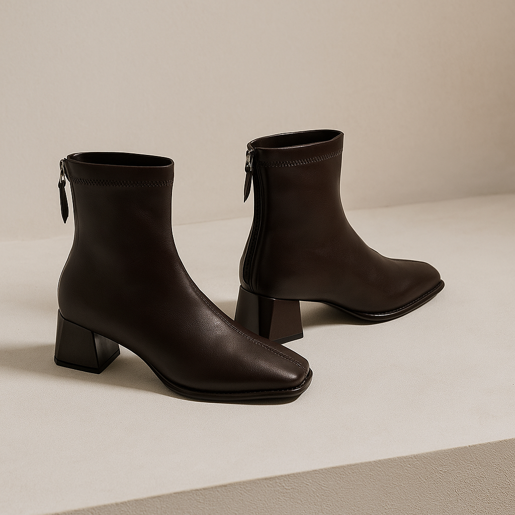Women's Leather Ankle Boots Square Toe Block Heel Booties