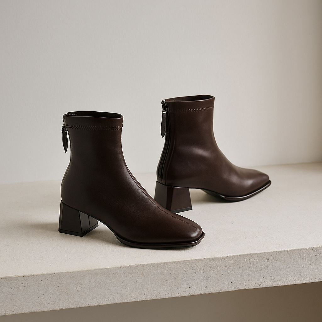 Women's Leather Ankle Boots Square Toe Block Heel Booties