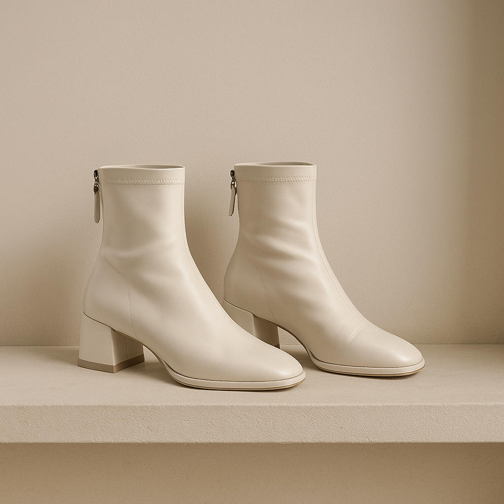 Women's Leather Ankle Boots Square Toe Block Heel Booties