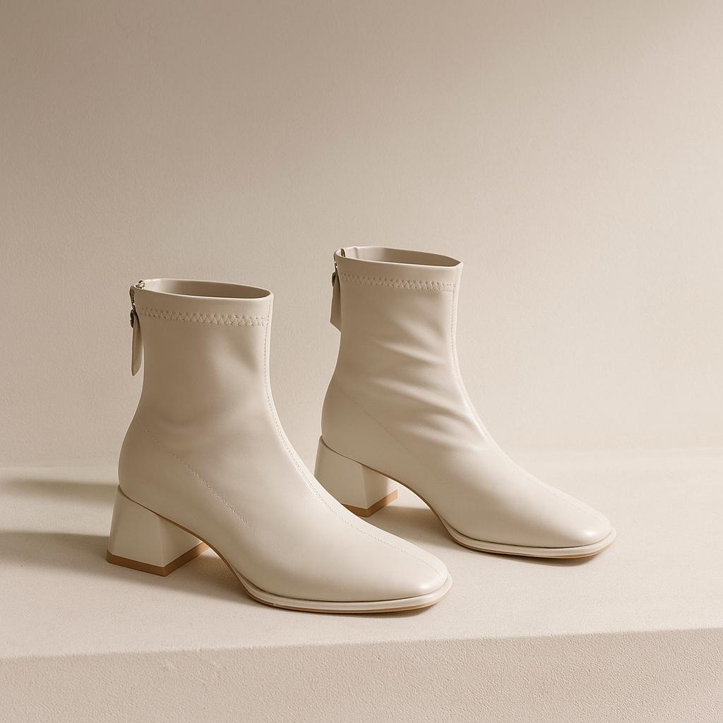 Women's Leather Ankle Boots Square Toe Block Heel Booties