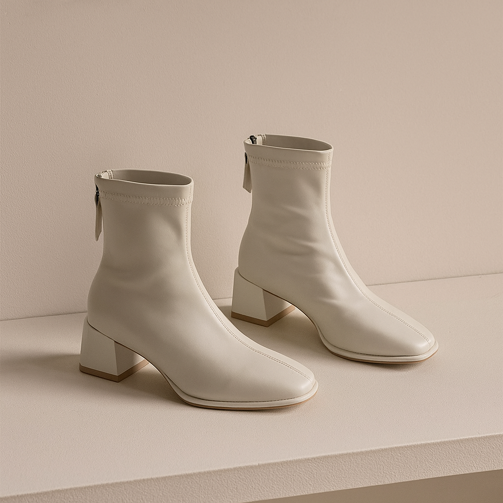 Women's Leather Ankle Boots Square Toe Block Heel Booties