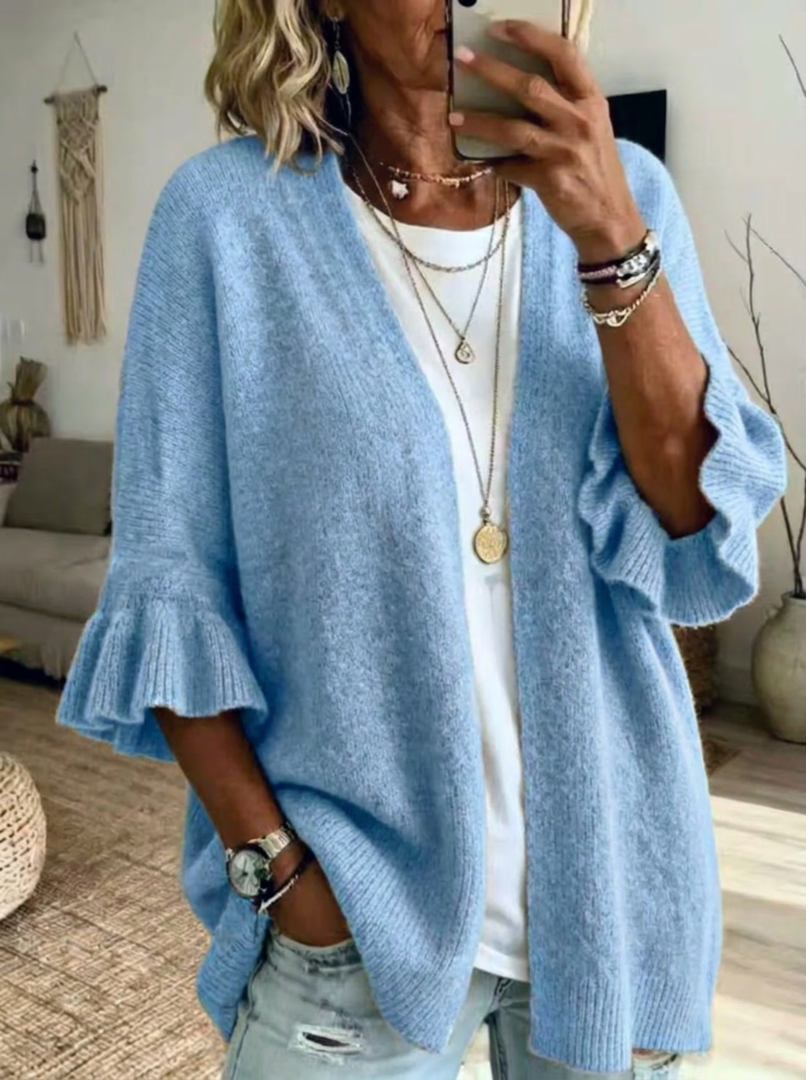 Women's Wool Knit Loose Open Front Ruffle Sleeve Cardigan