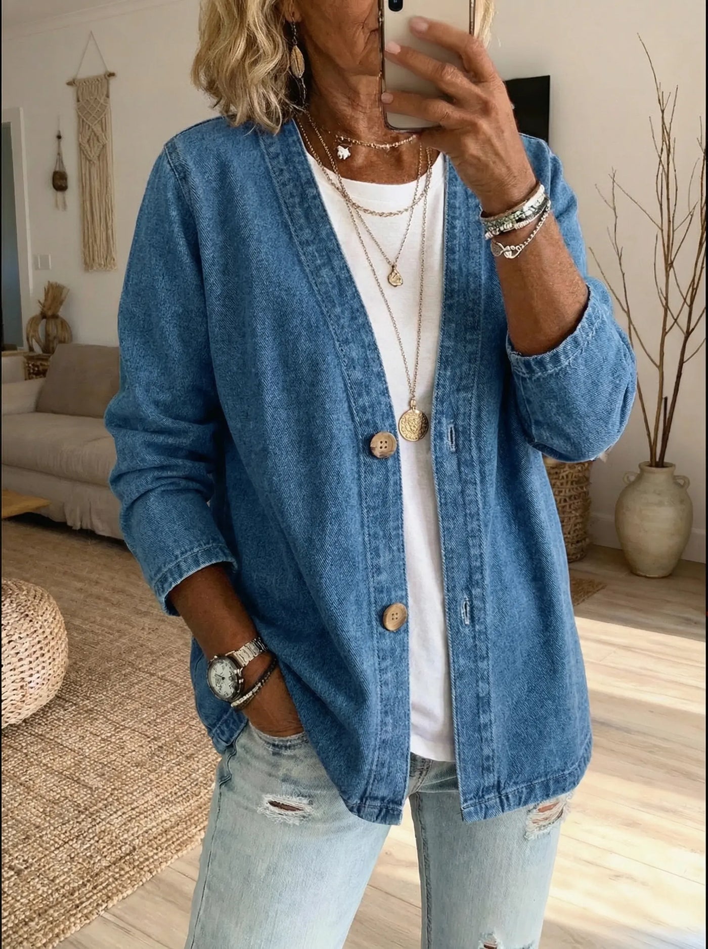 Women's Tencel Denim Long-Sleeve Button-Down Cardigan