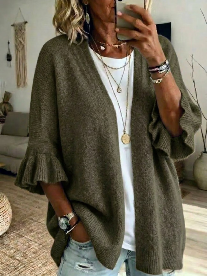 Women's Wool Knit Loose Open Front Ruffle Sleeve Cardigan
