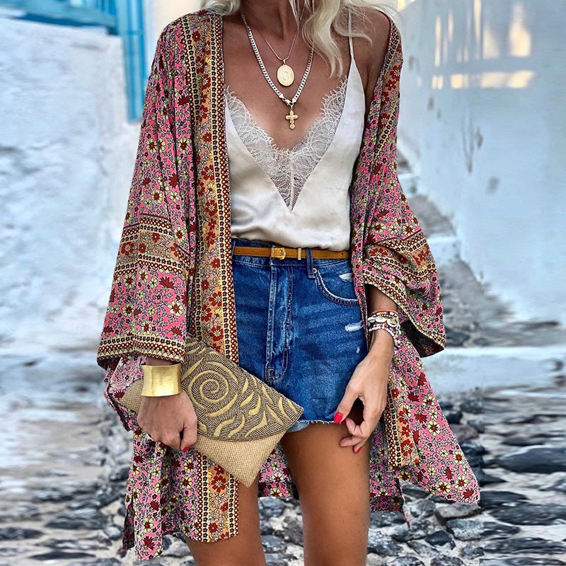 Women's Kimono Open Front Boho Floral Print Chiffon Cardigan