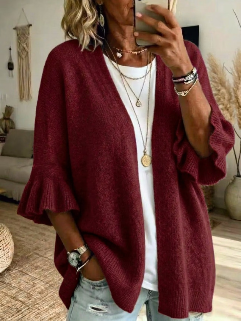 Women's Wool Knit Loose Open Front Ruffle Sleeve Cardigan