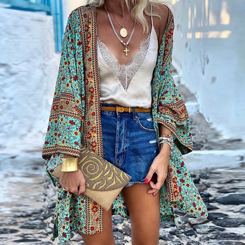 Women's Kimono Open Front Boho Floral Print Chiffon Cardigan