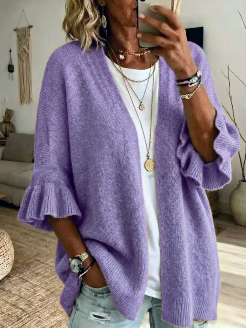 Women's Wool Knit Loose Open Front Ruffle Sleeve Cardigan
