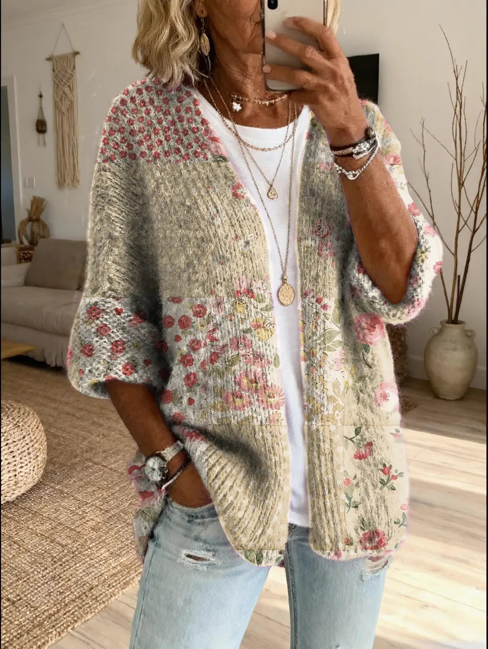 Women's Knit Sweater Floral Patchwork Boho Cardigan