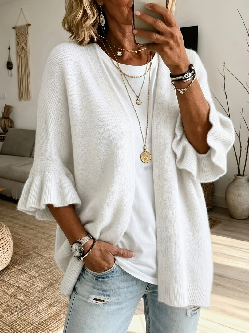 Women's Wool Knit Loose Open Front Ruffle Sleeve Cardigan