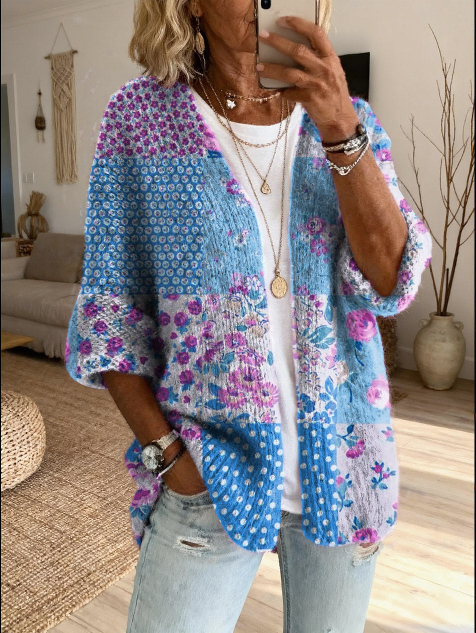 Women's Knit Sweater Floral Patchwork Boho Cardigan