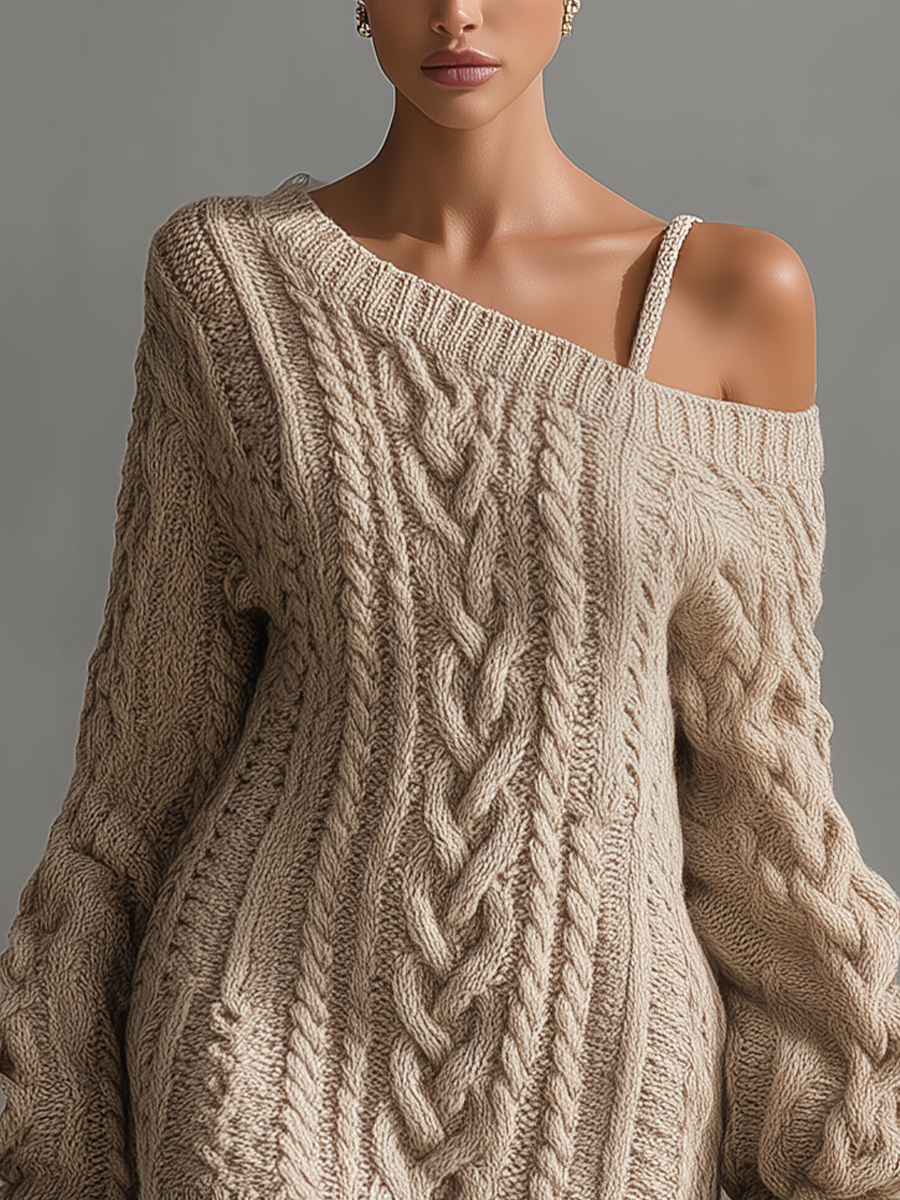 Women's Cable Knit Jumper Dress Wool Off Shoulder Mini Sweater