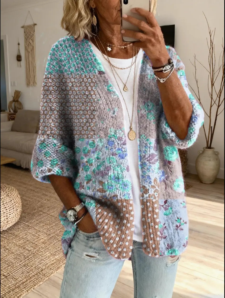 Women's Knit Sweater Floral Patchwork Boho Cardigan