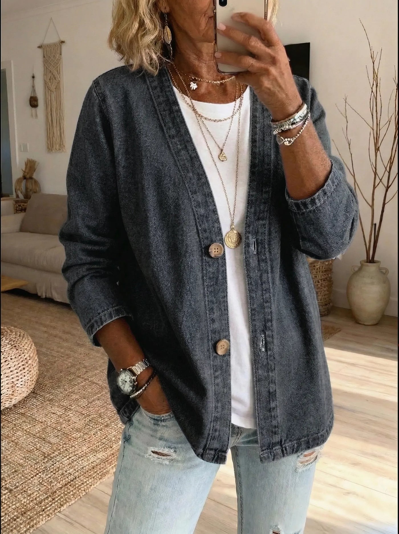Women's Tencel Denim Long-Sleeve Button-Down Cardigan