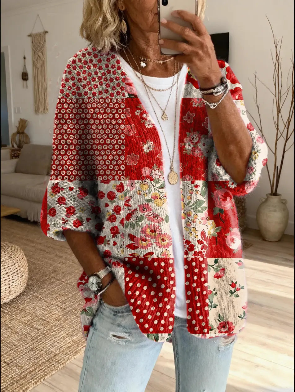 Women's Knit Sweater Floral Patchwork Boho Cardigan