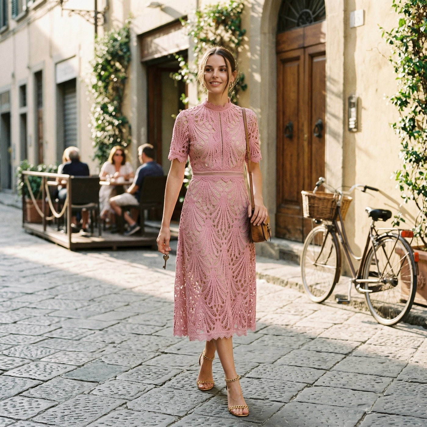 Ada | Lace-Trim Wedding Guest Midi Dress