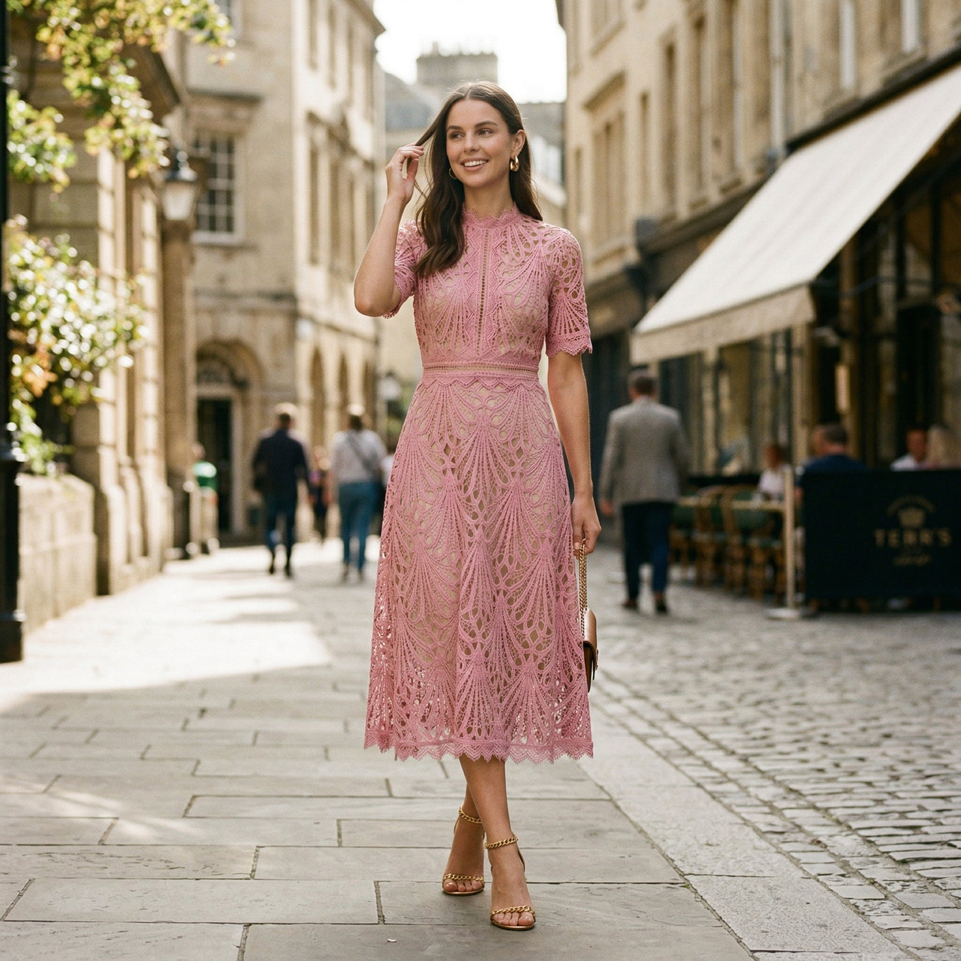 Ada | Lace-Trim Wedding Guest Midi Dress