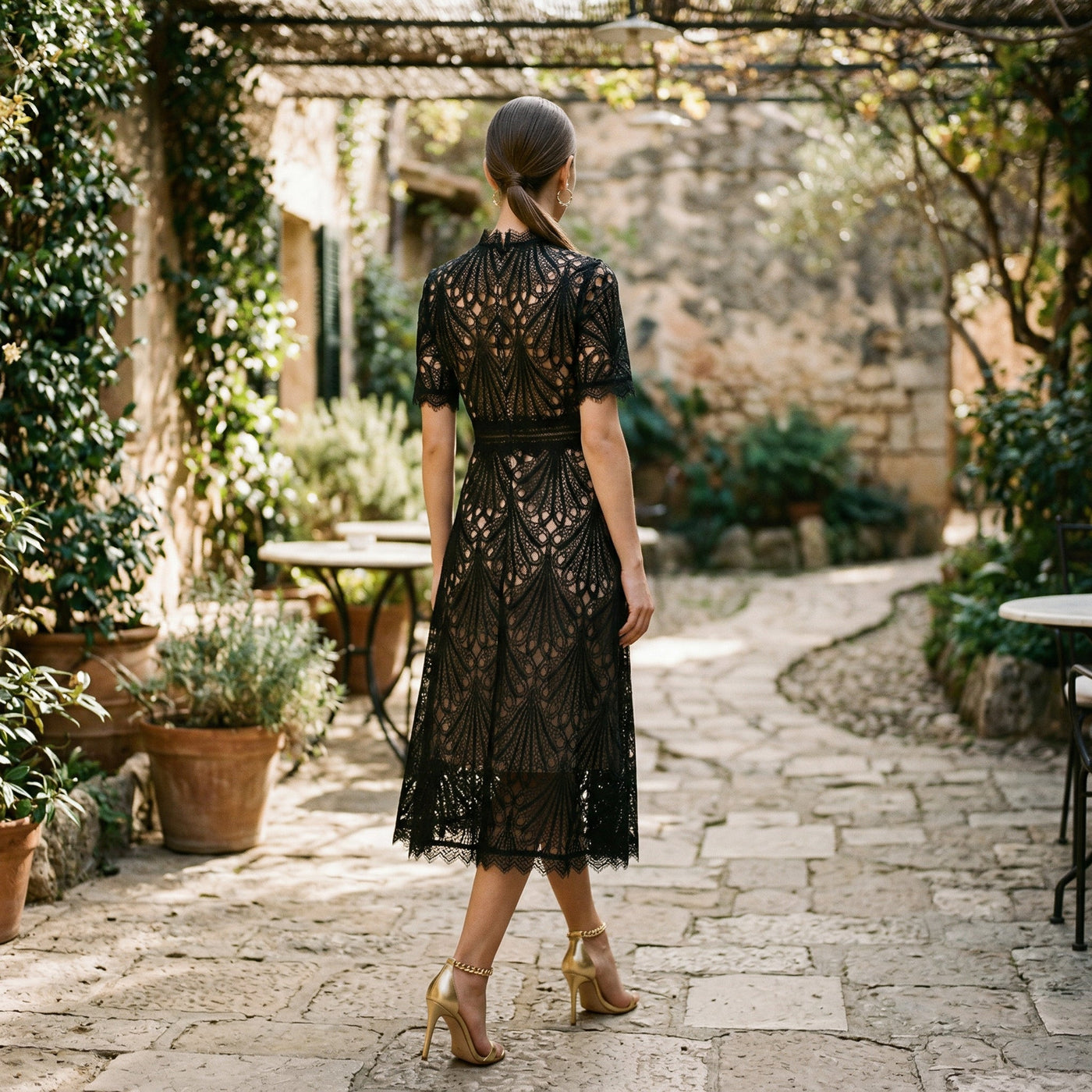 Ada | Lace-Trim Wedding Guest Midi Dress