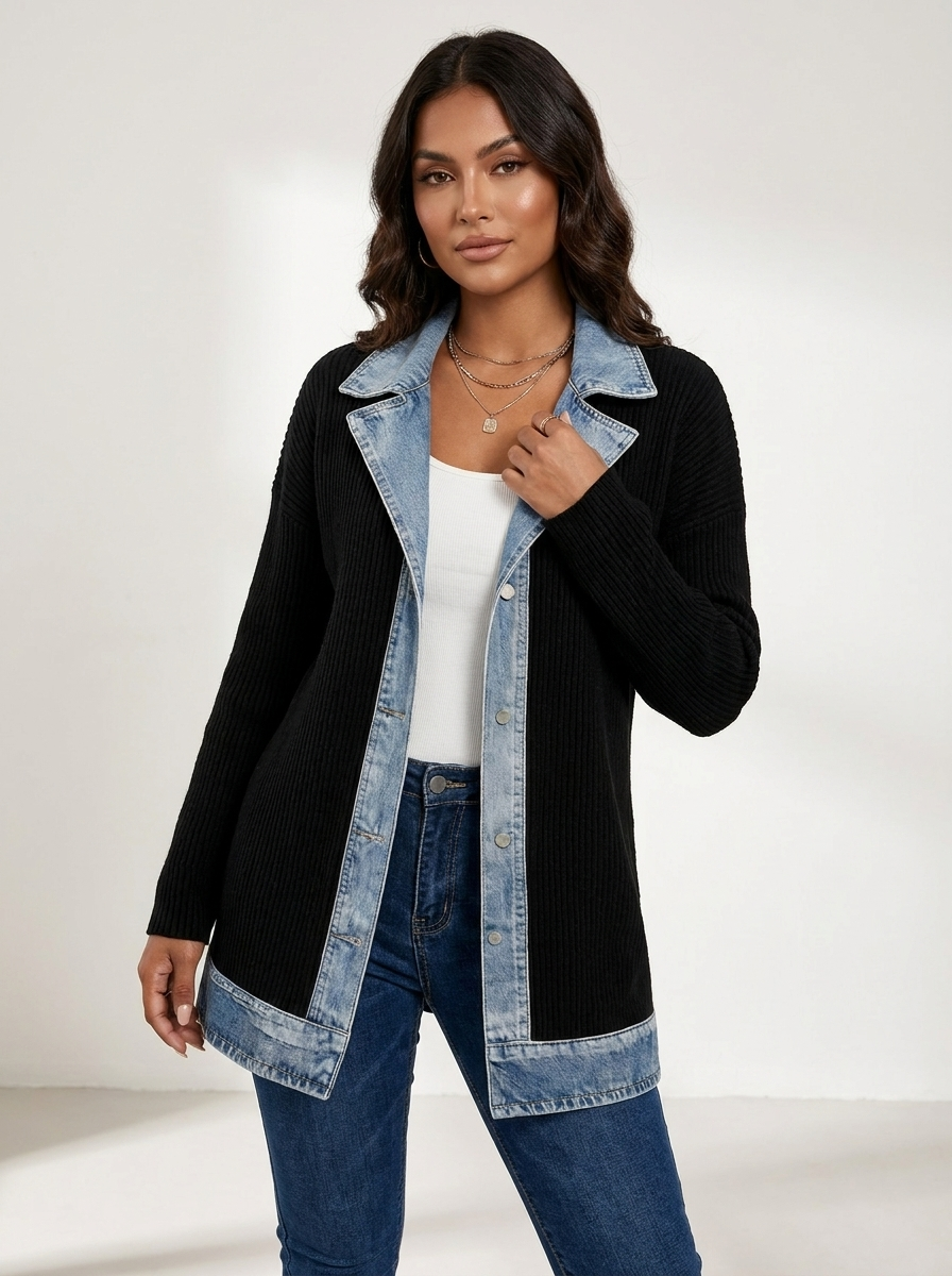 Bertha | Ribstrikket Jakke med Denimlook