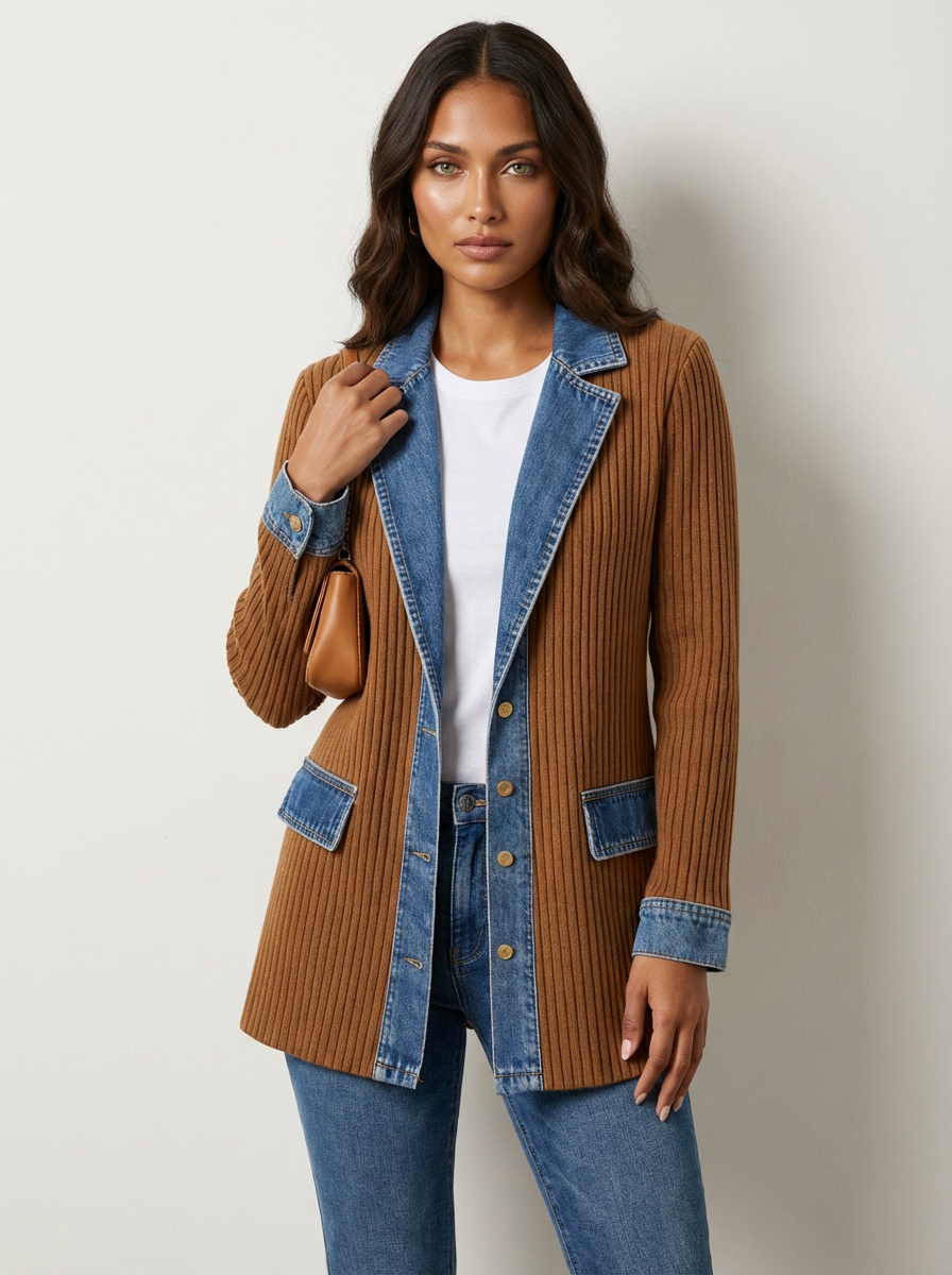 Bertha | Ribstrikket Jakke med Denimlook