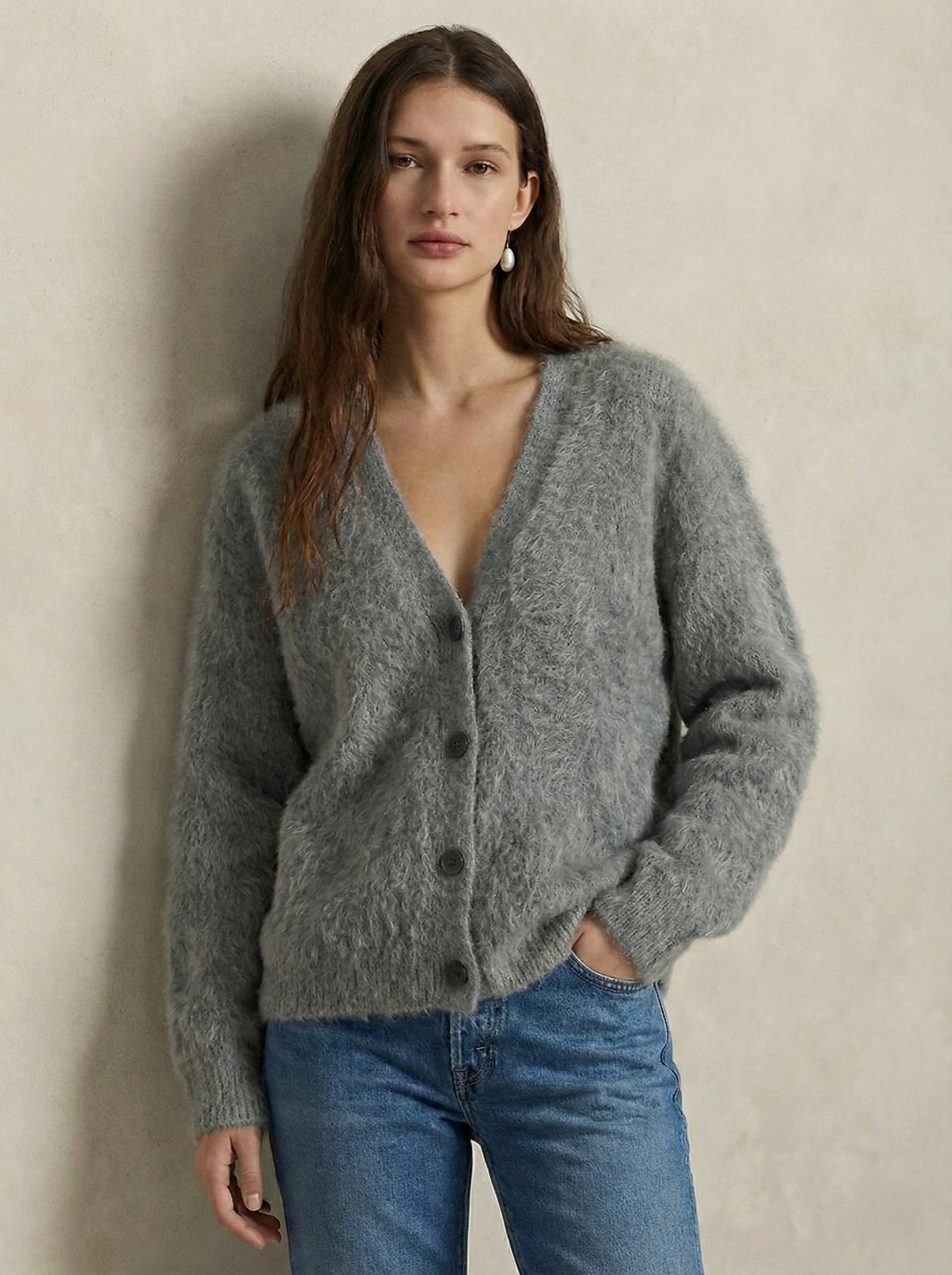 Women's Wool Knit V-Neck Long Sleeve Cardigan Sweater