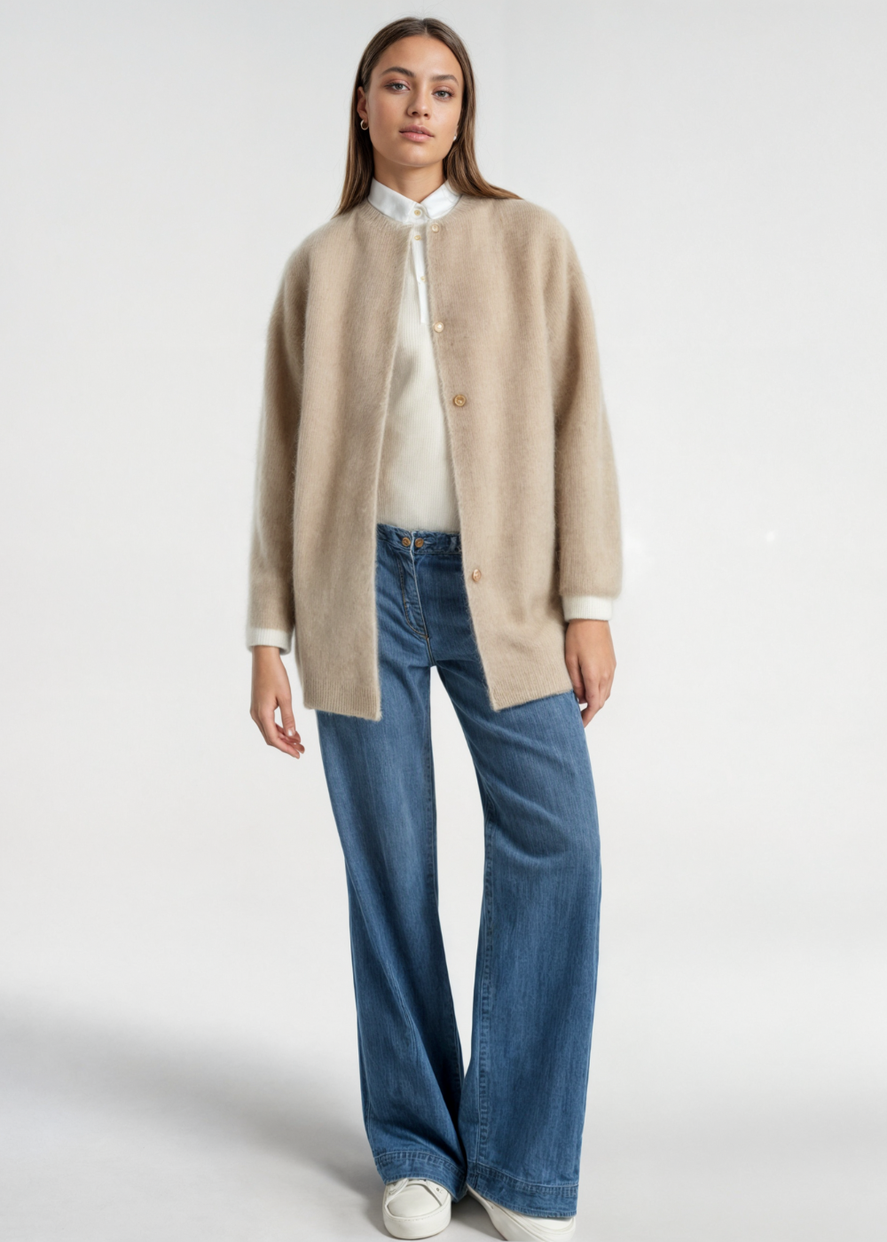 Women Wool Knit Collarless Jacket Cardigan