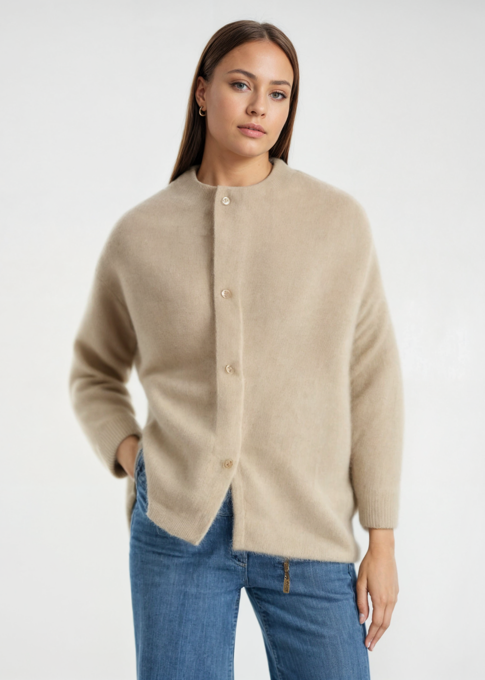 Women Wool Knit Collarless Jacket Cardigan