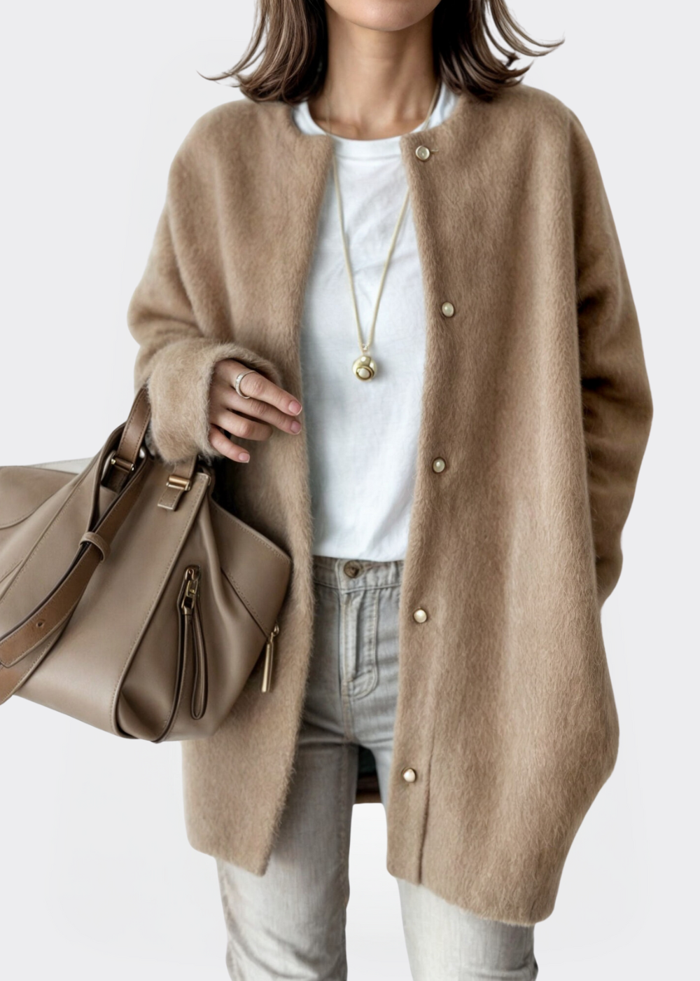 Women Wool Knit Collarless Jacket Cardigan