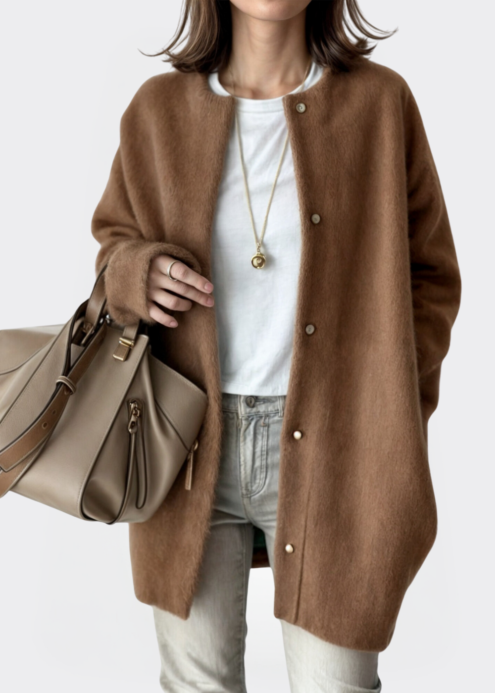 Women Wool Knit Collarless Jacket Cardigan