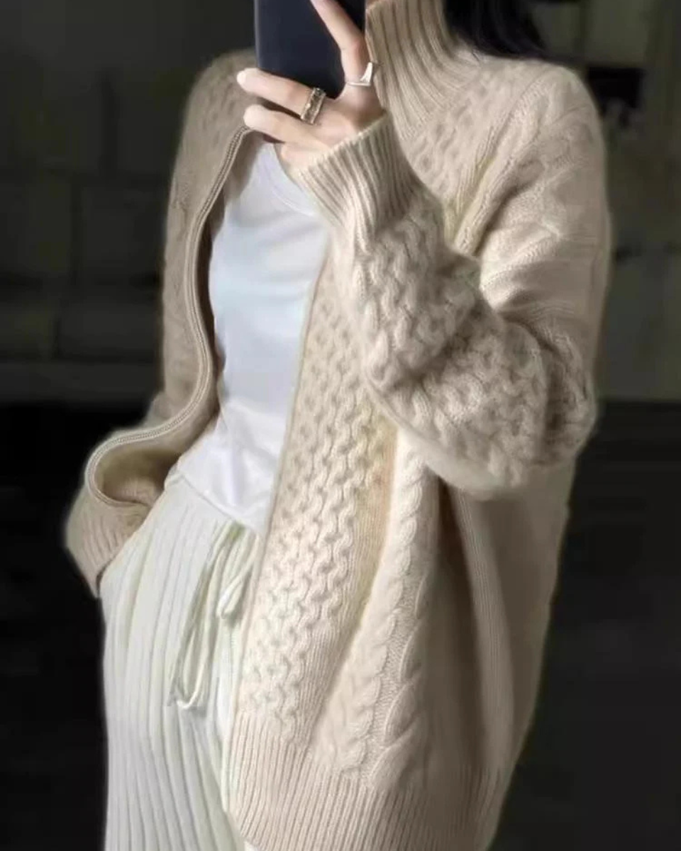 Women's Cable Knit Wool Zip Up Cardigan Sweater Jumper