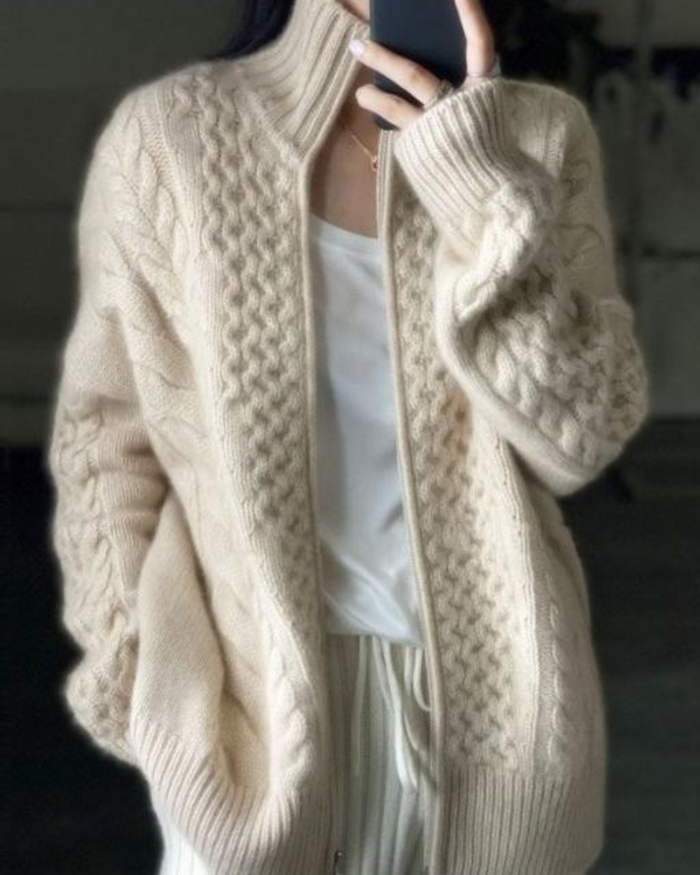 Women's Cable Knit Wool Zip Up Cardigan Sweater Jumper