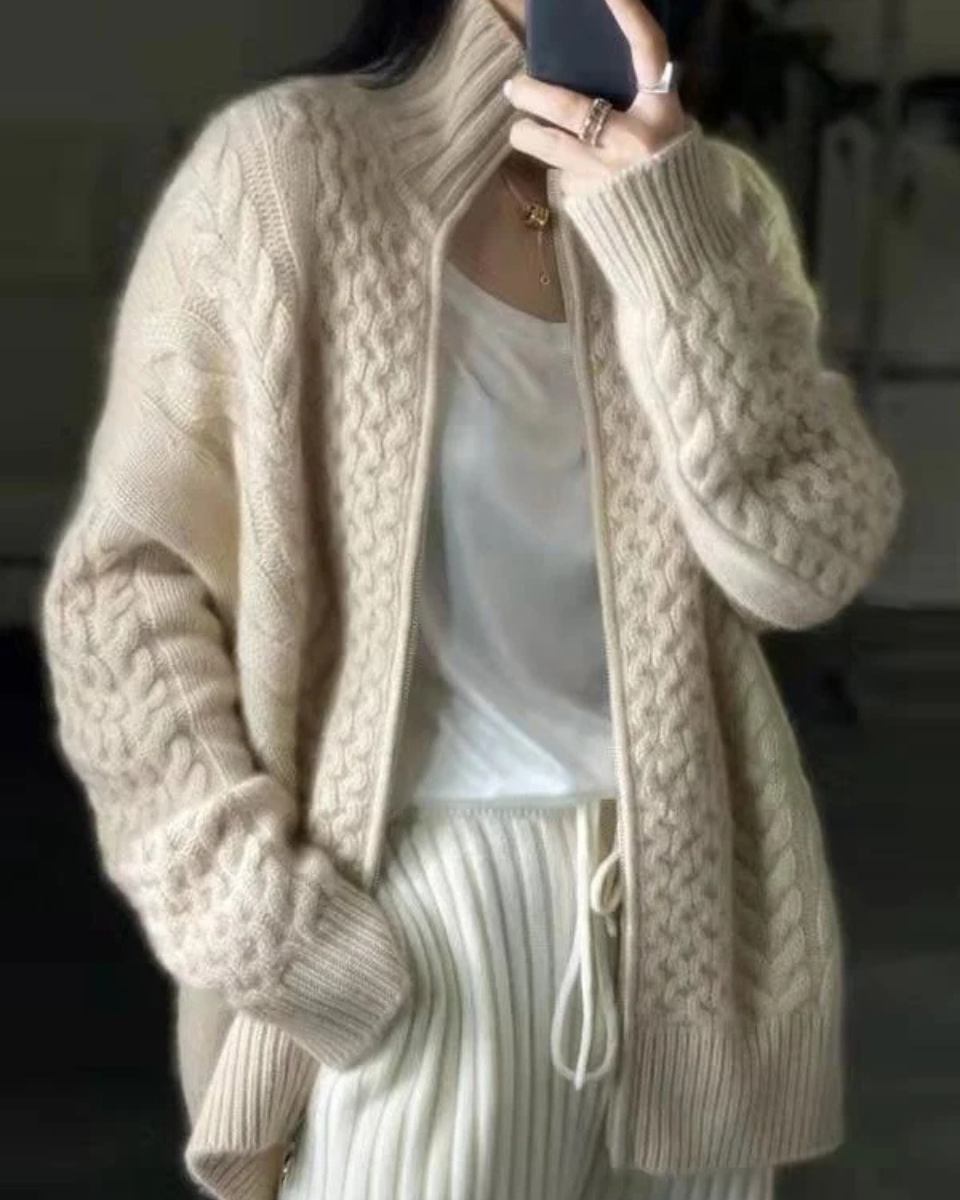 Women's Cable Knit Wool Zip Up Cardigan Sweater Jumper